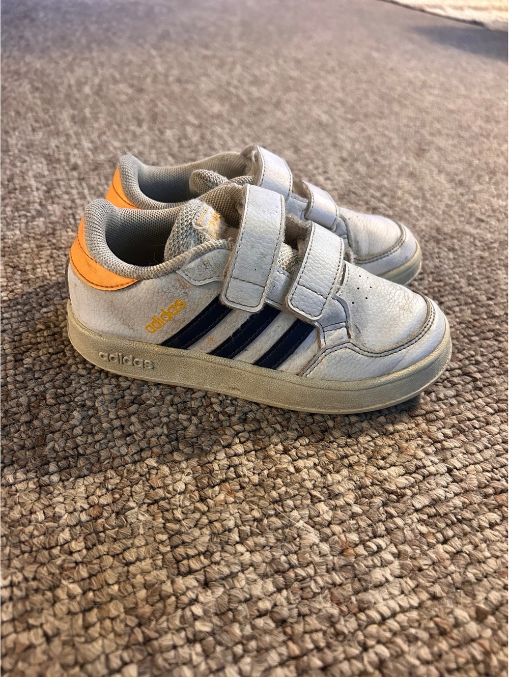 Adidas Boys' White and Navy Velcro Sneakers with Orange Accent, Size 10k